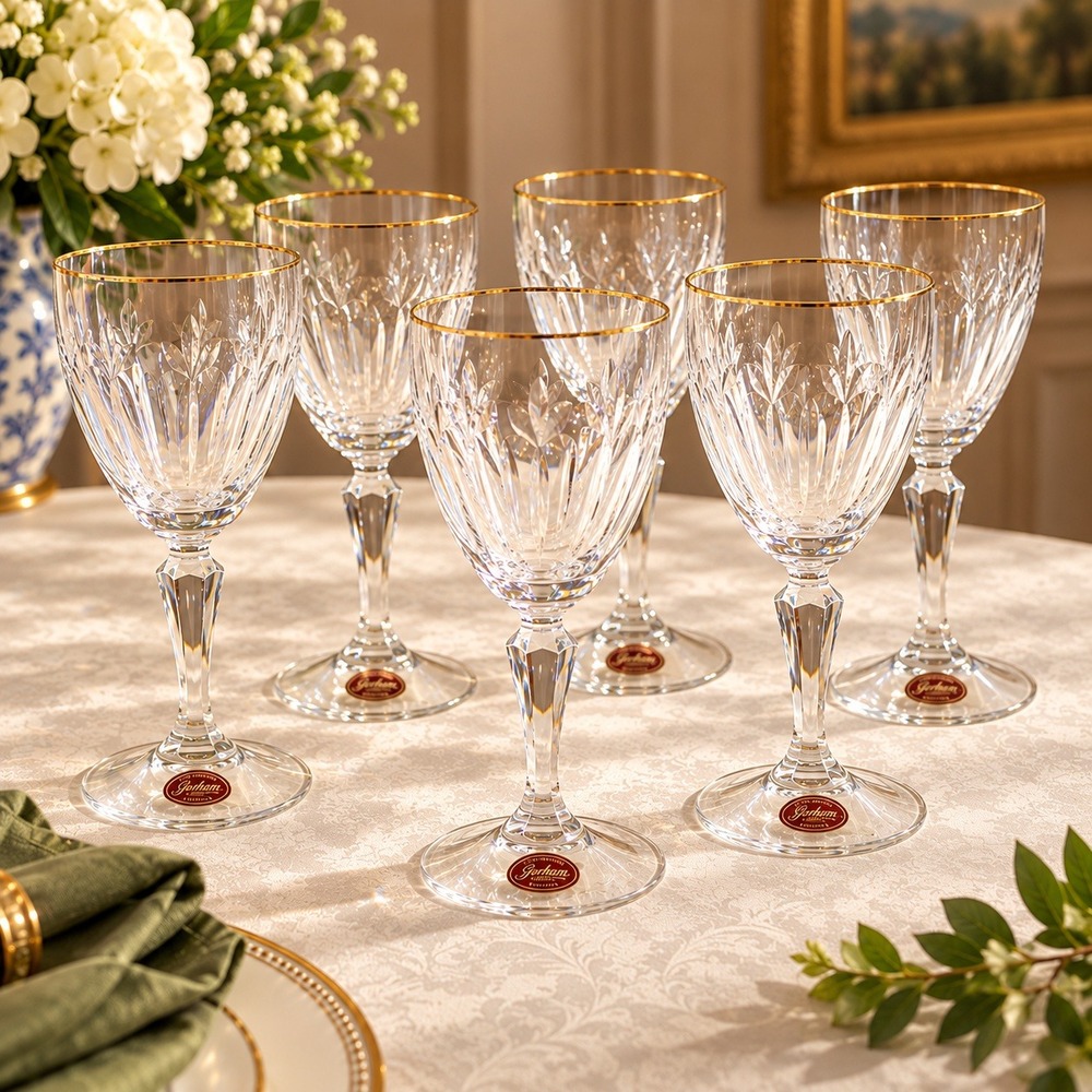 Gorham Crystal Royal Devon Water Goblets Set of 6 Gold Rim Slovenia 7875004